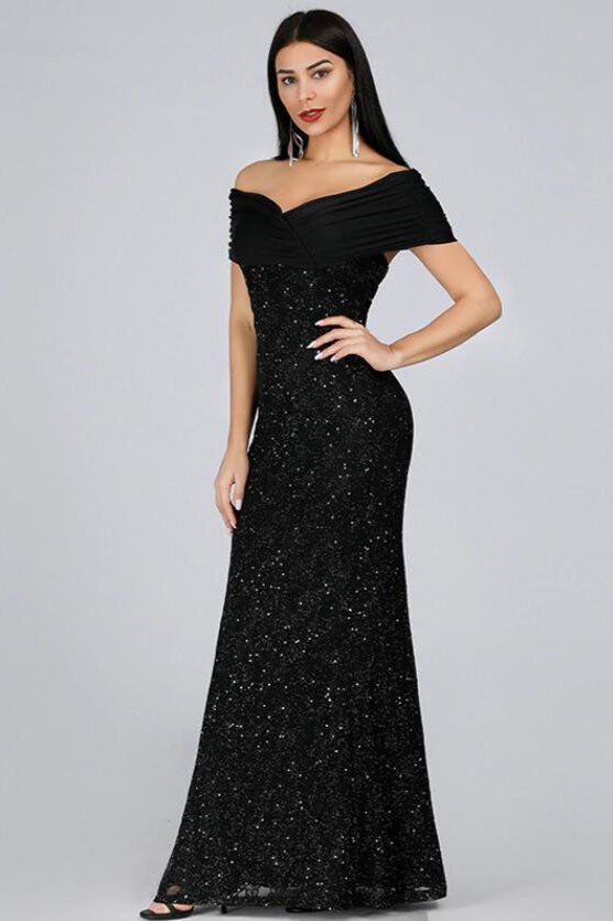 Stunning Off-the-Shoulder Black Evening Gown with Mermaid Sequins | Prom Dress Online-BallBride