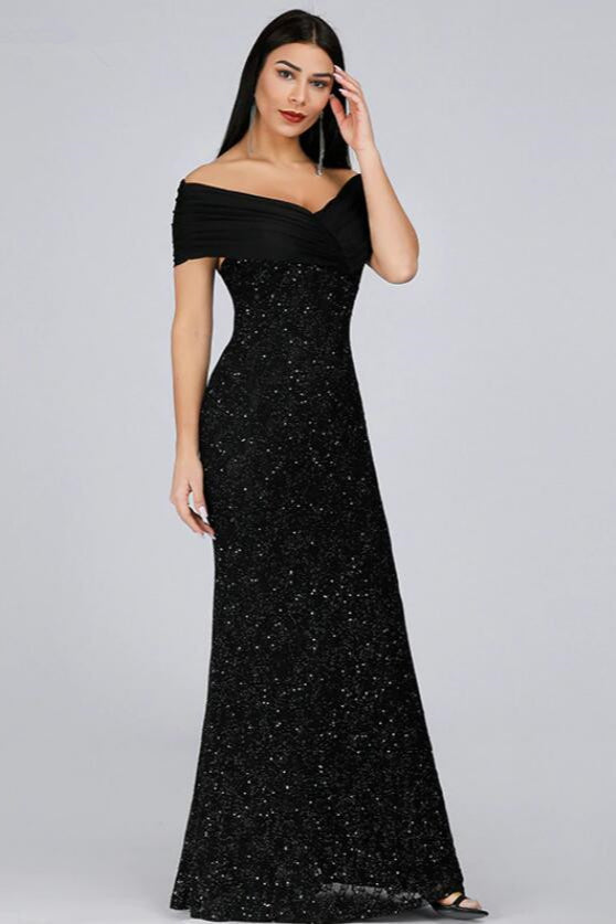 Stunning Off-the-Shoulder Black Evening Gown with Mermaid Sequins | Prom Dress Online-BallBride