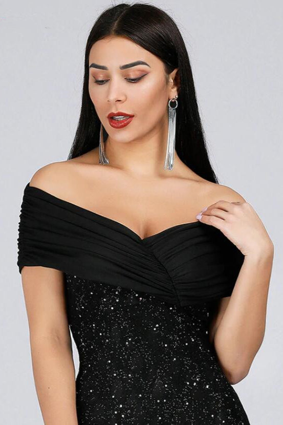 Stunning Off-the-Shoulder Black Evening Gown with Mermaid Sequins | Prom Dress Online-BallBride