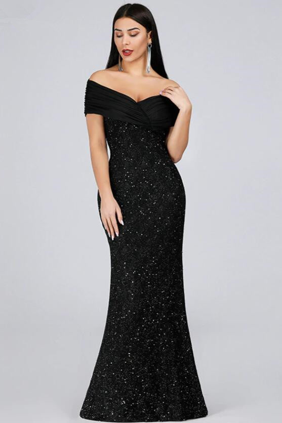 Stunning Off-the-Shoulder Black Evening Gown with Mermaid Sequins | Prom Dress Online-BallBride
