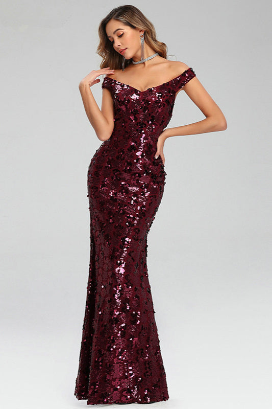 Stunning Off-the-Shoulder Burgundy Sequin Prom Dress Long Mermaid Evening Party Gowns-BallBride