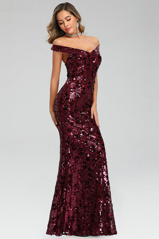 Stunning Off-the-Shoulder Burgundy Sequin Prom Dress Long Mermaid Evening Party Gowns-BallBride