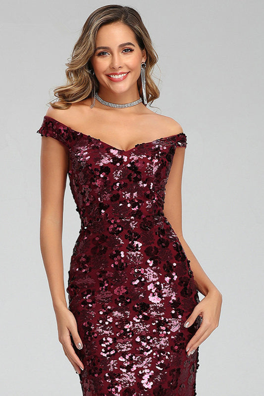 Stunning Off-the-Shoulder Burgundy Sequin Prom Dress Long Mermaid Evening Party Gowns-BallBride