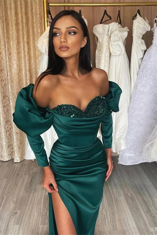 Stunning Off-the-Shoulder Dark Green Evening Dress Mermaid Split With Long Sleeves-BallBride
