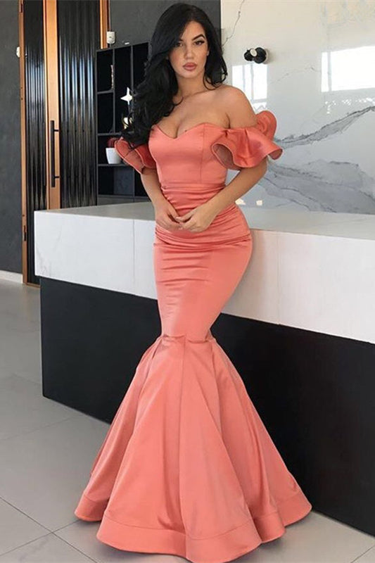 Stunning Off-the-Shoulder Long Mermaid Prom Dress in Coral-BallBride