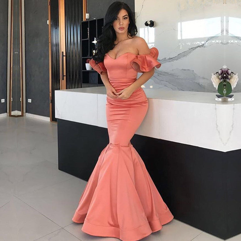 Stunning Off-the-Shoulder Long Mermaid Prom Dress in Coral-BallBride