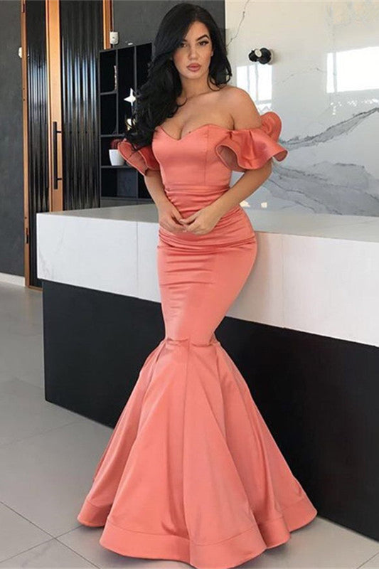 Stunning Off-the-Shoulder Long Mermaid Prom Dress in Coral-BallBride