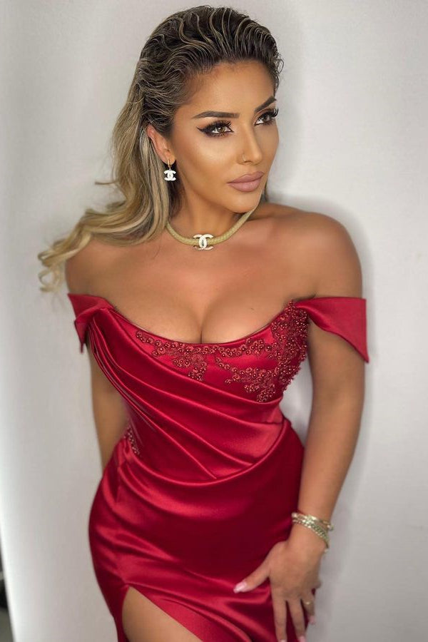 Stunning Off-the-Shoulder Mermaid Prom Dress with Slit and Pleats Beads-BallBride