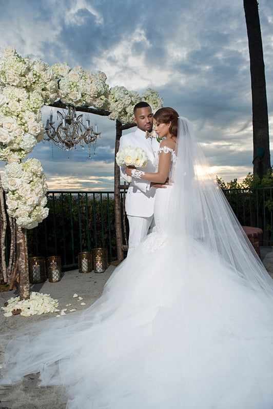 Stunning Off-the-Shoulder Mermaid Tulle Wedding Dress with Lace Appliques-BallBride