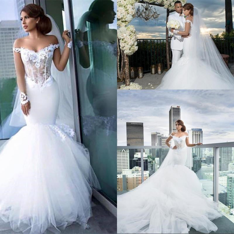 Stunning Off-the-Shoulder Mermaid Tulle Wedding Dress with Lace Appliques-BallBride