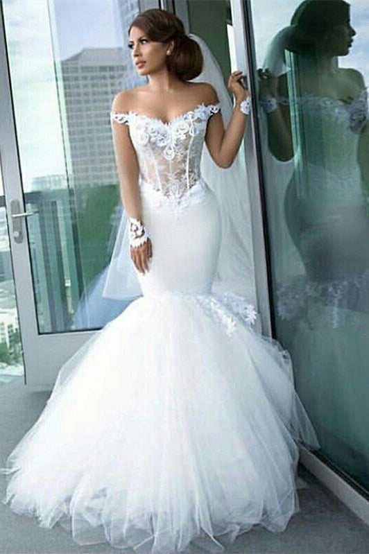 Stunning Off-the-Shoulder Mermaid Tulle Wedding Dress with Lace Appliques-BallBride