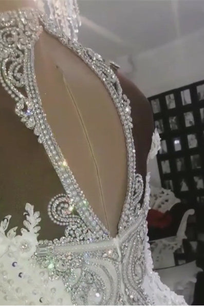 Stunning Off-the-Shoulder Mermaid Wedding Dress with Lace Appliques and High Collar-BallBride