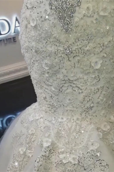 Stunning Off-the-Shoulder Mermaid Wedding Dress with Lace Appliques and High Collar-BallBride