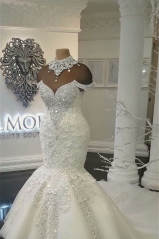 Stunning Off-the-Shoulder Mermaid Wedding Dress with Lace Appliques and High Collar-BallBride