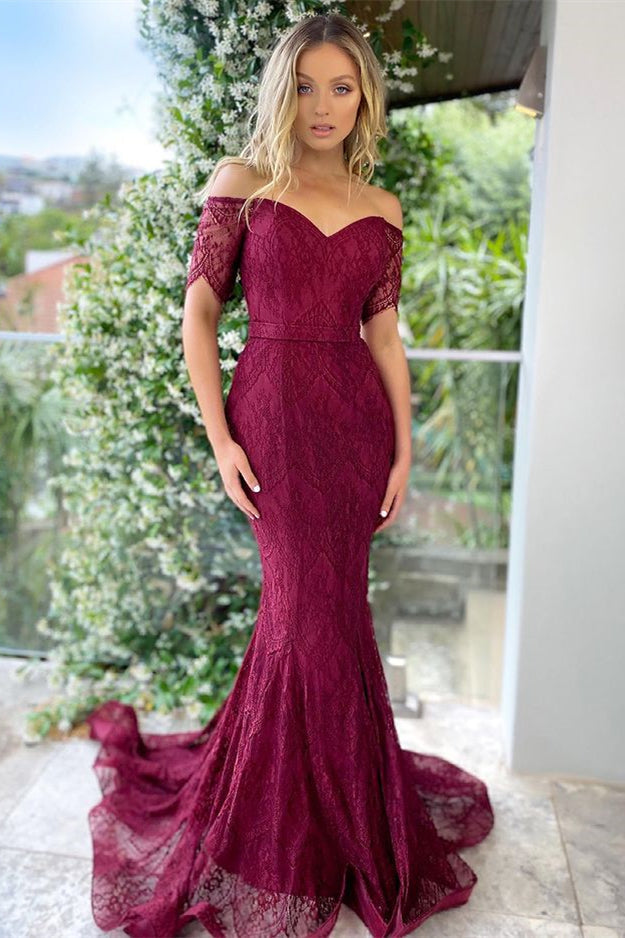 Stunning Off-The-Shoulder Prom Dress - Burgundy Mermaid with Applique-BallBride
