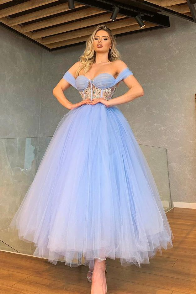 Stunning Off-the-Shoulder Tulle Prom Dress Sweetheart with Crystal Embellishment-BallBride