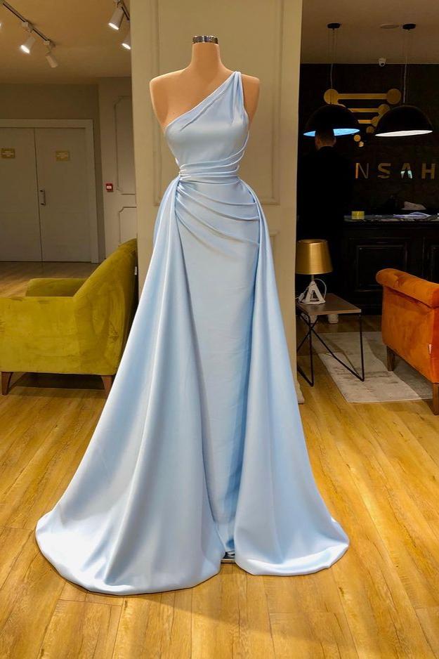 Stunning One Shoulder Baby Blue Prom Dress With Ruffles-BallBride