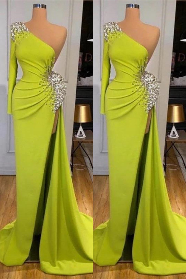 Stunning One Shoulder Mermaid Prom Dress With Beads and Split Sleeves-BallBride
