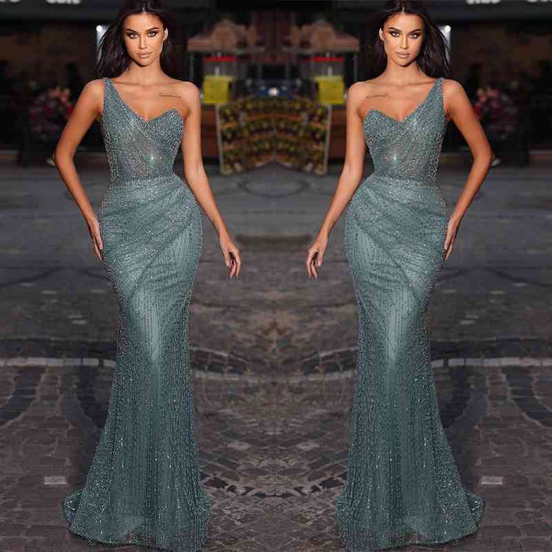 Stunning One-Shoulder Mermaid Prom Dresses with Beadings Online-BallBride