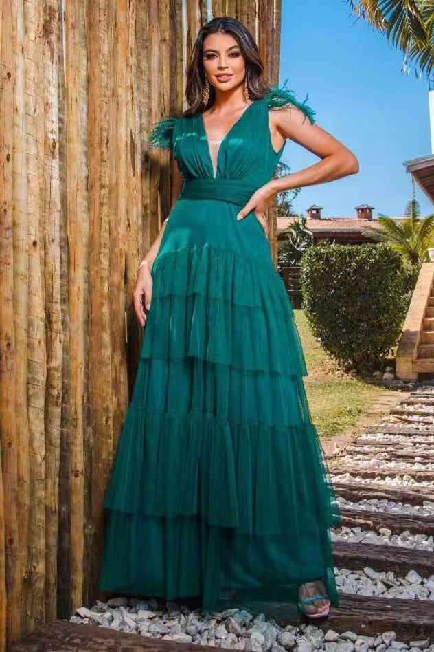 Stunning Peacock Straps Deep V-Neck Tulle Prom Dress With Feathers Layered-BallBride