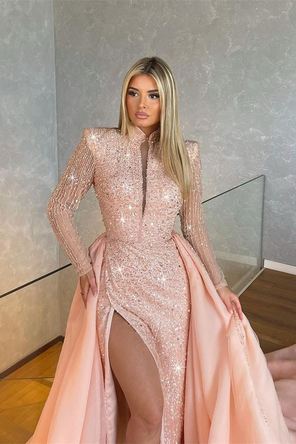 Stunning Pink Long Sleeves Sequins Prom Dress with Mermaid Split and Overskirt-BallBride