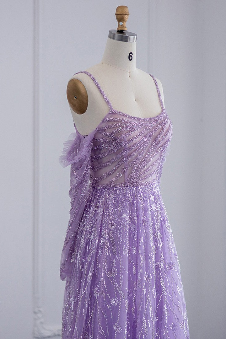 Stunning Pink Off-The-Shoulder Prom Dress with Long Sleeves and Sparkle Appliques-BallBride
