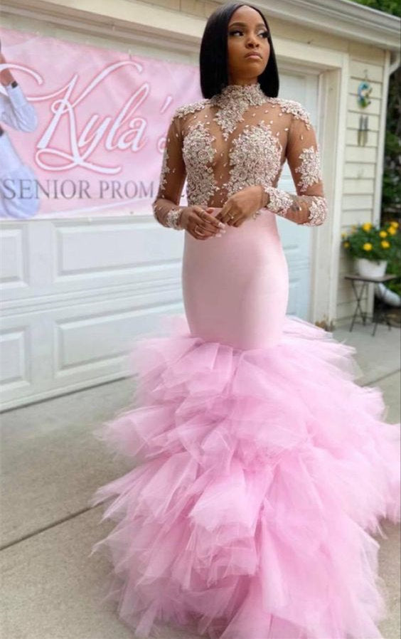 Stunning Pink Tulle Mermaid Prom Dress With Lace Appliques-BallBride