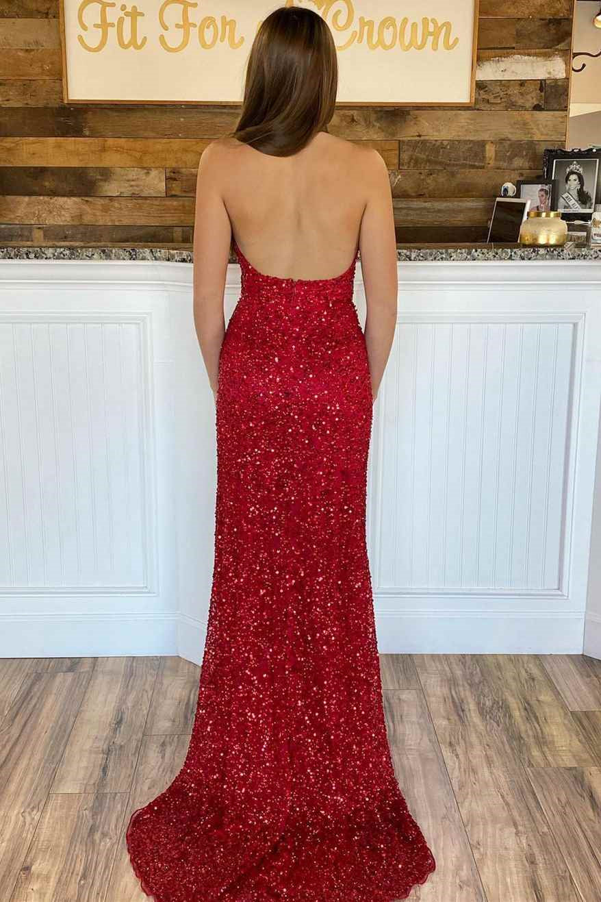 Stunning Red Evening Dress with Halter, Sequins and Slit-BallBride