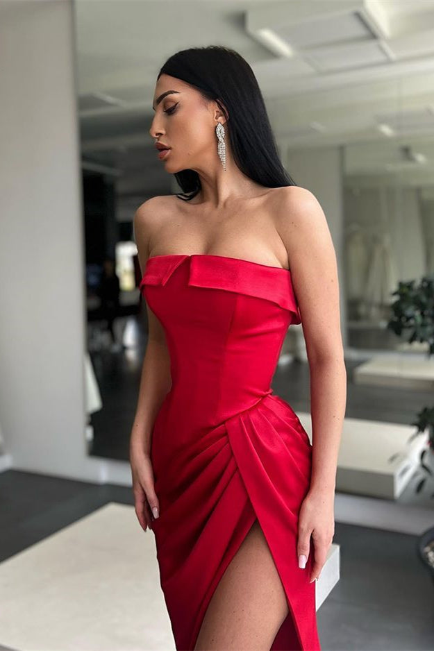 Stunning Red Strapless Mermaid Prom Dress Long With Slit-BallBride