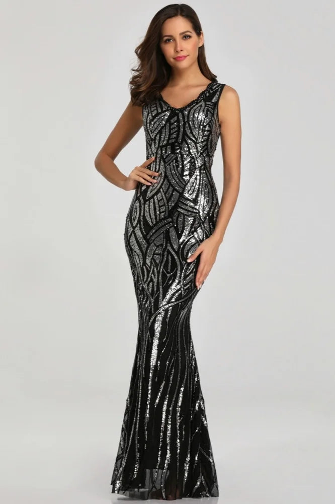 Stunning Sequins Long Evening Dress V-neck Mermaid Prom Dresses With Beadings-BallBride