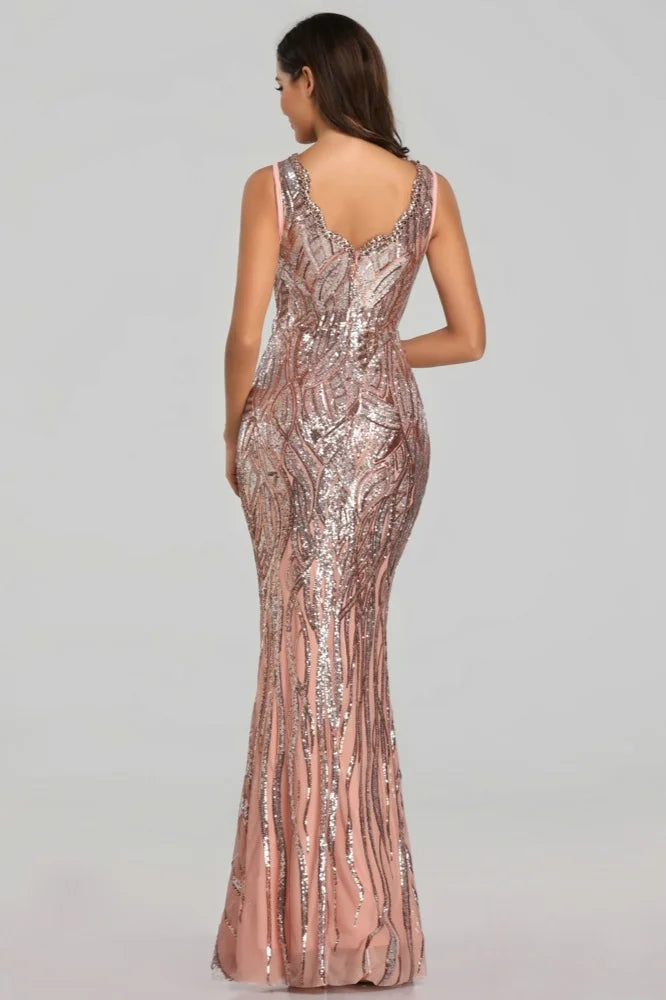 Stunning Sequins Long Evening Dress V-neck Mermaid Prom Dresses With Beadings-BallBride