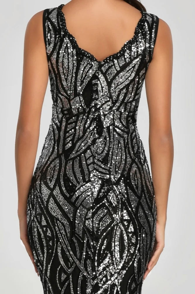 Stunning Sequins Long Evening Dress V-neck Mermaid Prom Dresses With Beadings-BallBride