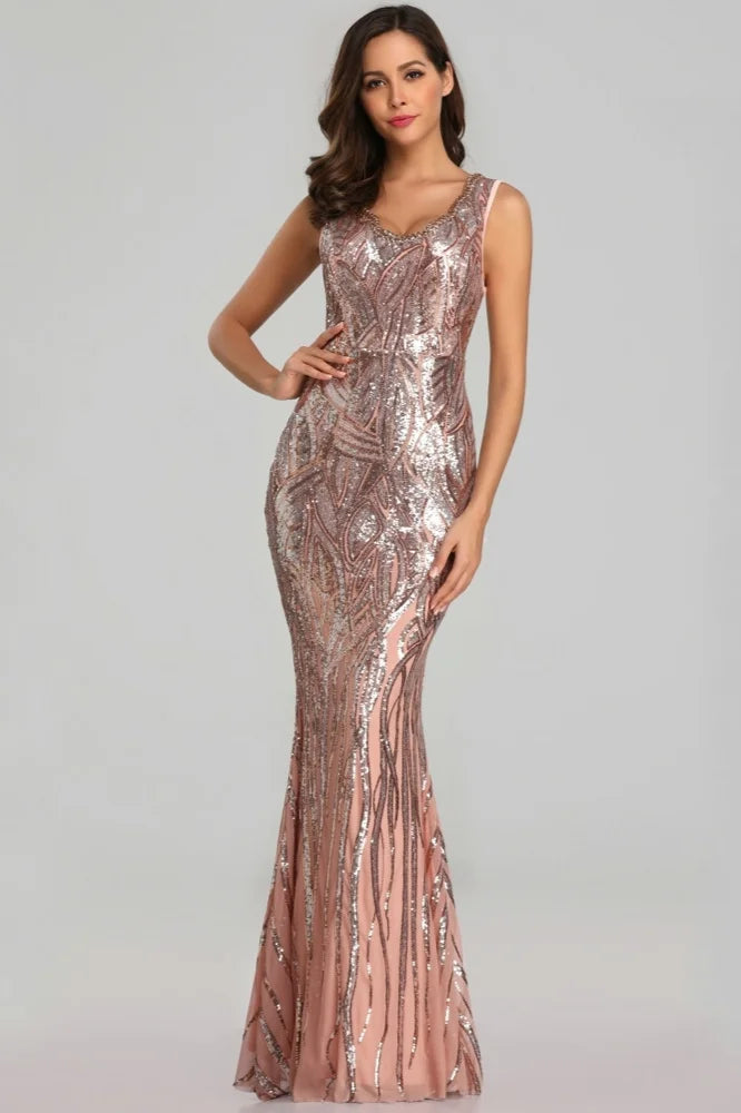 Stunning Sequins Long Evening Dress V-neck Mermaid Prom Dresses With Beadings-BallBride