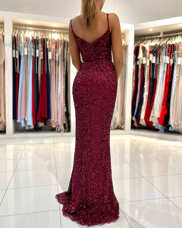Stunning Sequins Prom Dress Mermaid Slit Gowns with Spaghetti-Straps-BallBride