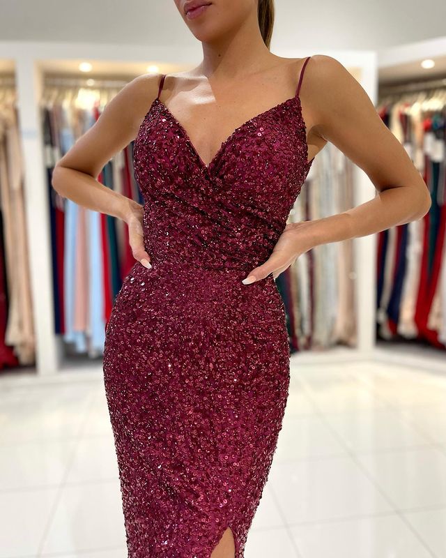 Stunning Sequins Prom Dress Mermaid Slit Gowns with Spaghetti-Straps-BallBride