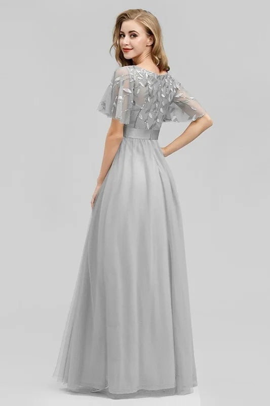 Stunning Short Sleeve Ruffles Appliques Tulle Evening Prom Dress-BallBride