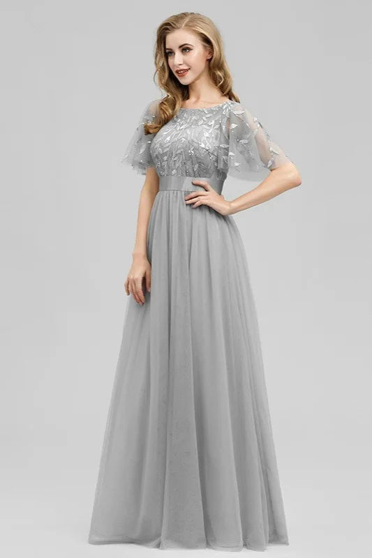 Stunning Short Sleeve Ruffles Appliques Tulle Evening Prom Dress-BallBride