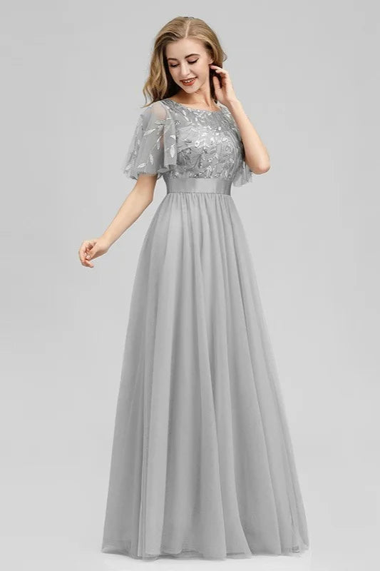 Stunning Short Sleeve Ruffles Appliques Tulle Evening Prom Dress-BallBride
