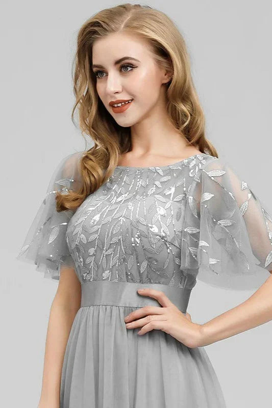Stunning Short Sleeve Ruffles Appliques Tulle Evening Prom Dress-BallBride