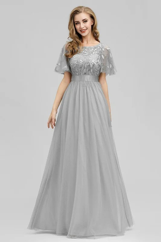 Stunning Short Sleeve Ruffles Appliques Tulle Evening Prom Dress-BallBride