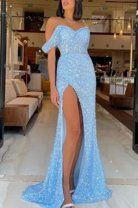Stunning Sky Blue Evening Dress - Off-the-Shoulder Mermaid Sequins Long With Slit Tulle Ruffle-BallBride