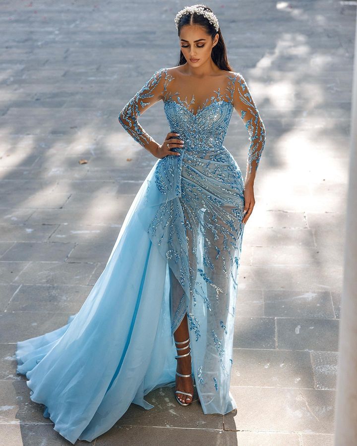 Stunning Sky Blue Long Sleeves Evening Dress with Mermaid Split and Ruffles Beads-BallBride