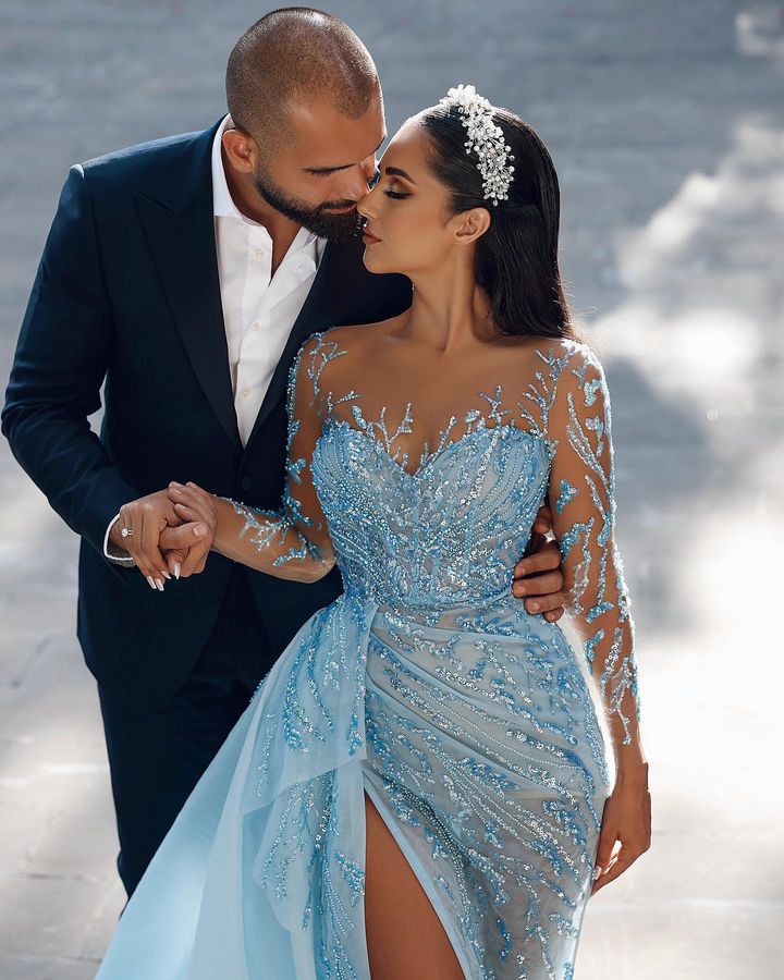 Stunning Sky Blue Long Sleeves Evening Dress with Mermaid Split and Ruffles Beads-BallBride