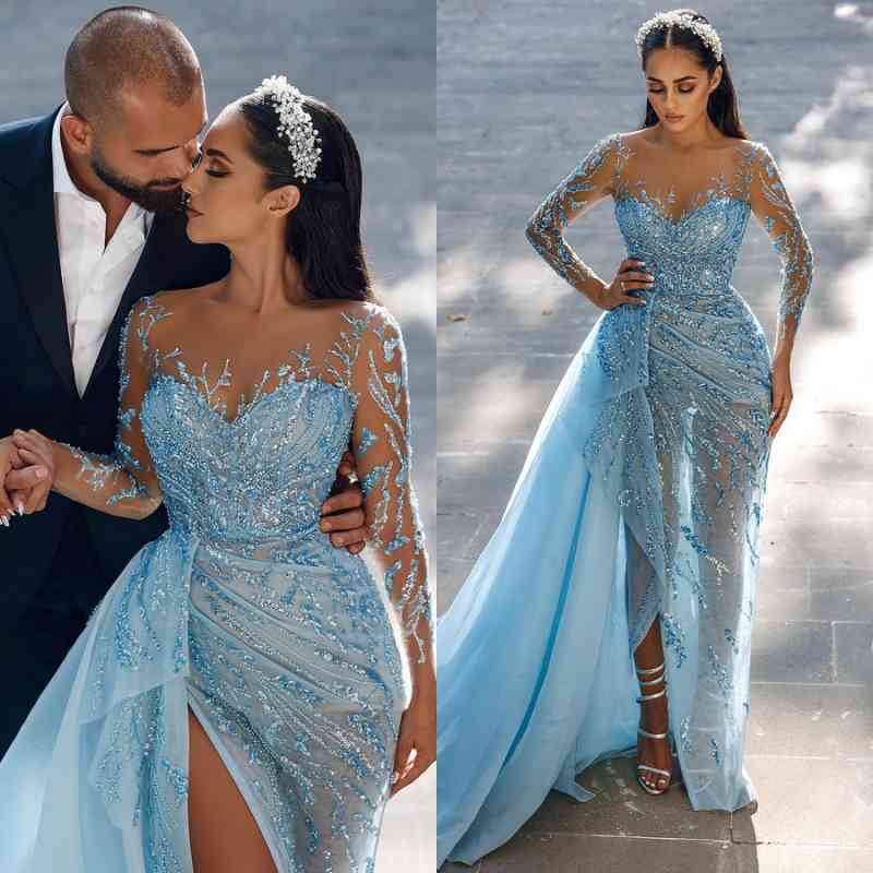 Stunning Sky Blue Long Sleeves Evening Dress with Mermaid Split and Ruffles Beads-BallBride