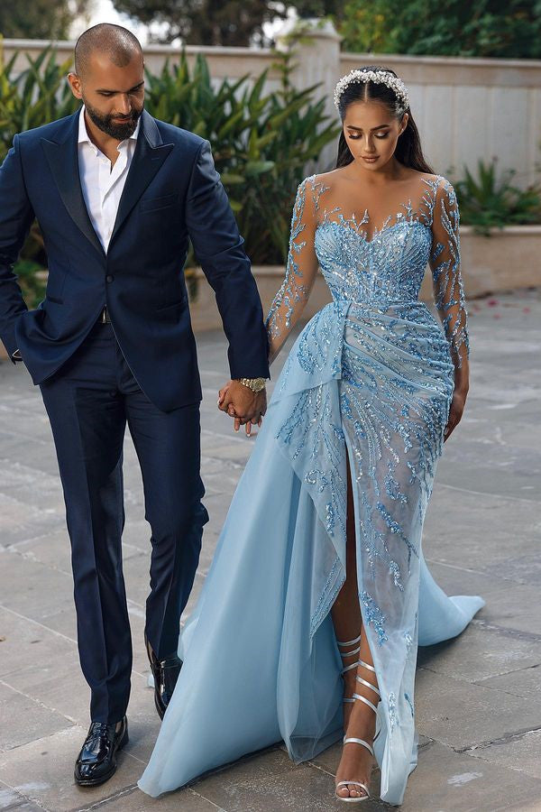 Stunning Sky Blue Long Sleeves Evening Dress with Mermaid Split and Ruffles Beads-BallBride