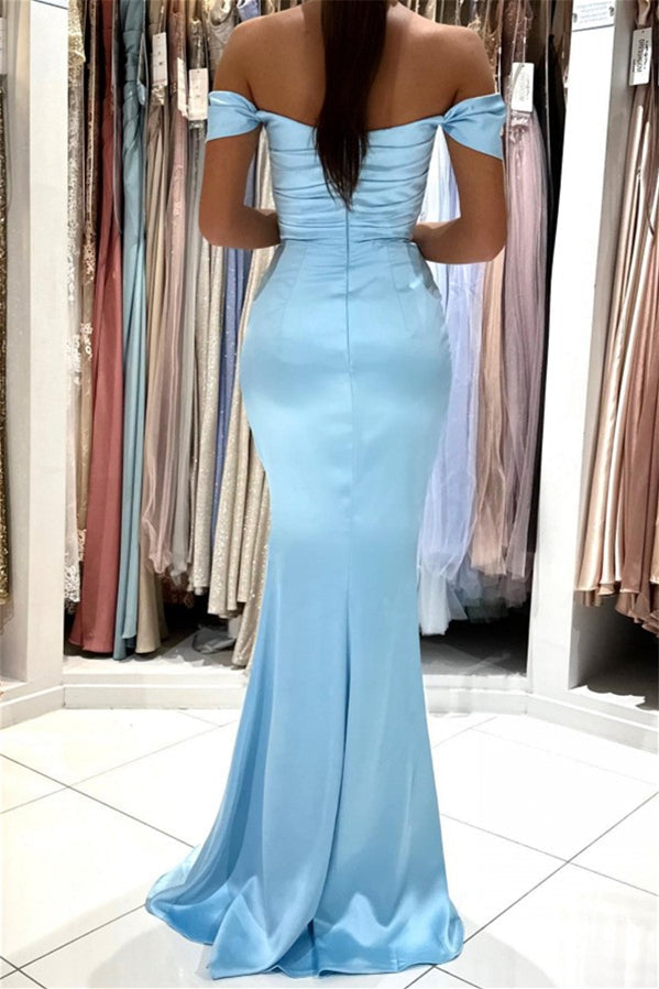 Stunning Sky Blue Off-the-Shoulder Prom Dresses Mermaid Long With Slit-BallBride