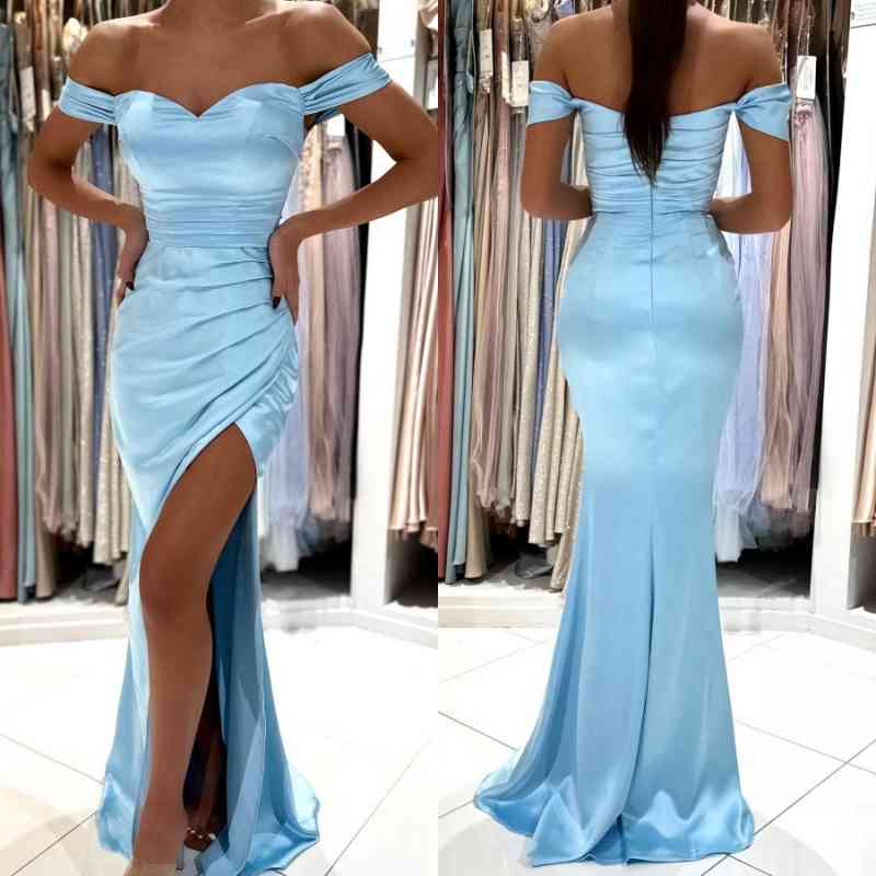 Stunning Sky Blue Off-the-Shoulder Prom Dresses Mermaid Long With Slit-BallBride