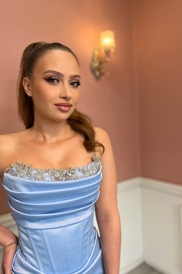Stunning Sky Blue Strapless Prom Dresses with Pleats, Ruffles, Beads and Slit-BallBride
