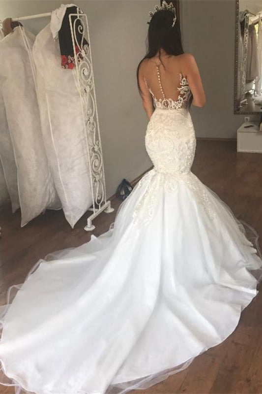 Stunning Sleeveless Mermaid Wedding Dress with Lace Appliques-BallBride