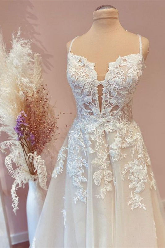 Stunning Spaghetti-Strap Tulle A Line Lace Wedding Dress-BallBride